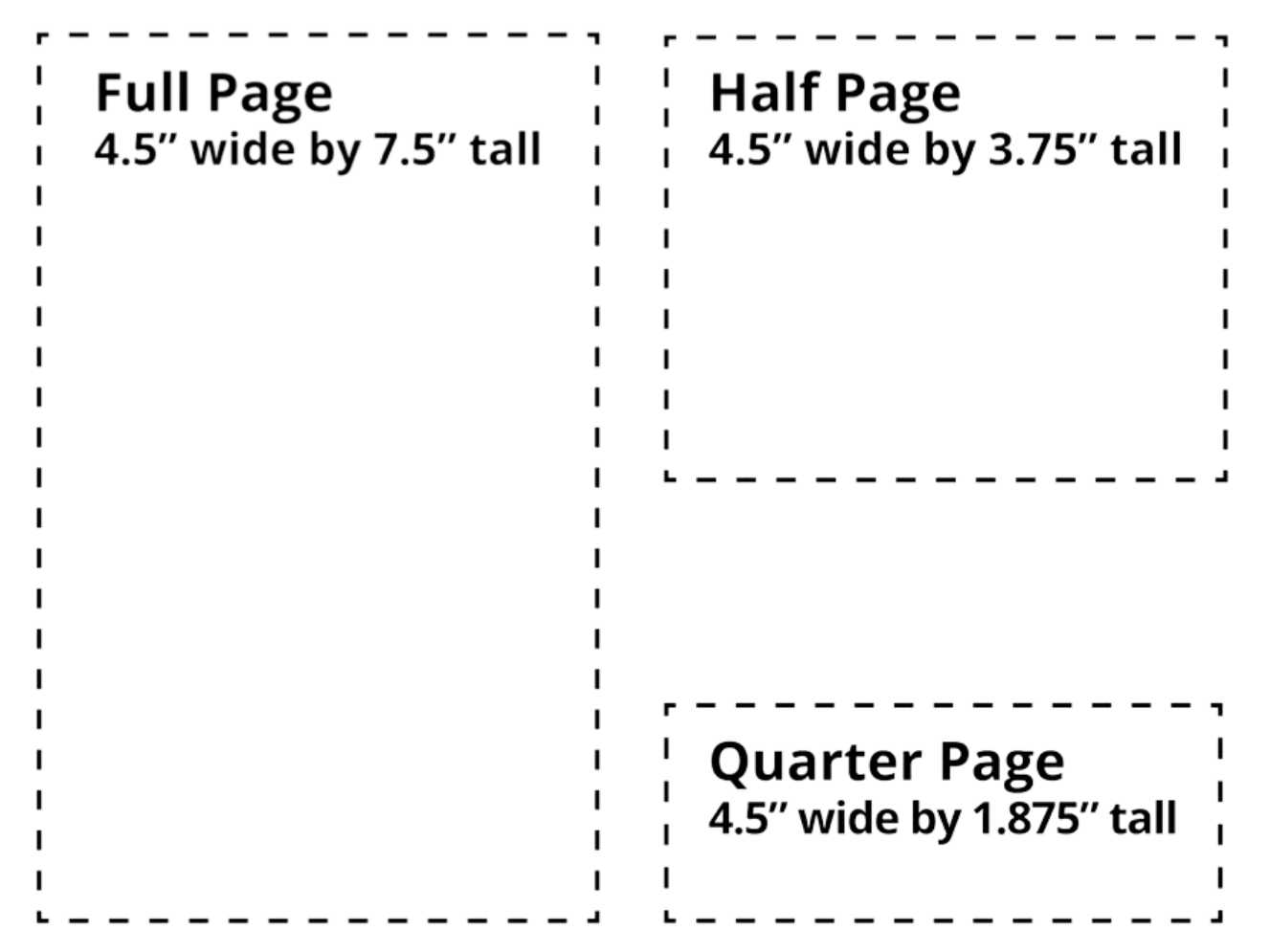 Diagram showing different paper sizes: full page, half page, and quarter page with respective dimensions.